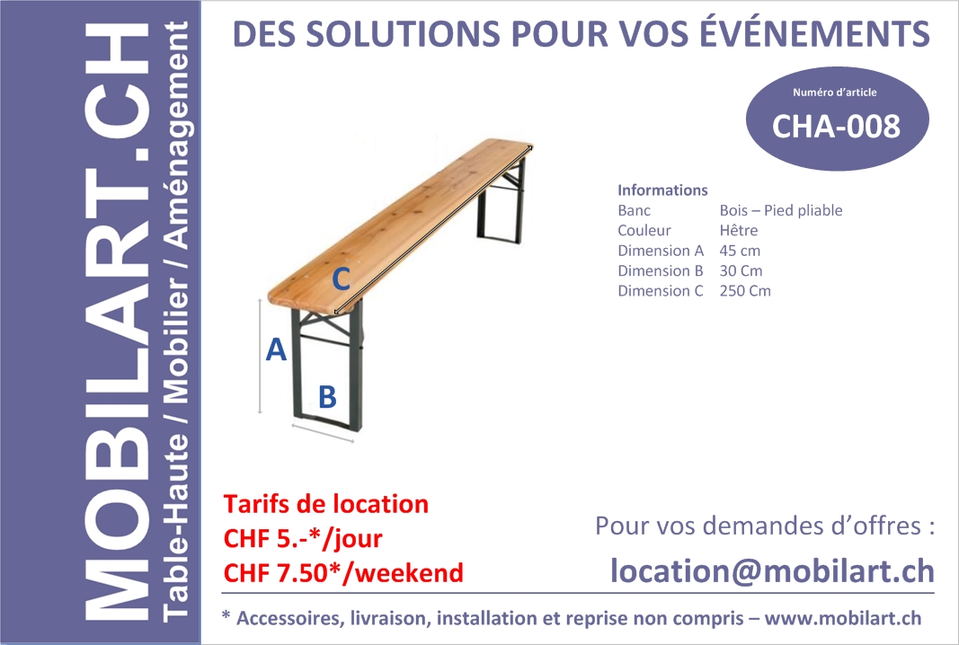 Mobilart.ch - Mobiliers pour vos evenements - banc